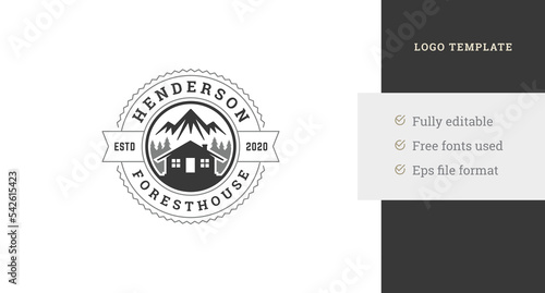 Tableau sur toile Summer forest mountain camping hut circle vintage logo design template vector il