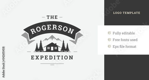Forest expedition wild nature with hut and spruce trees vintage logo design template vector