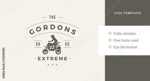 Male biker riding on quad bike extreme sport safari race vintage logo design template vector