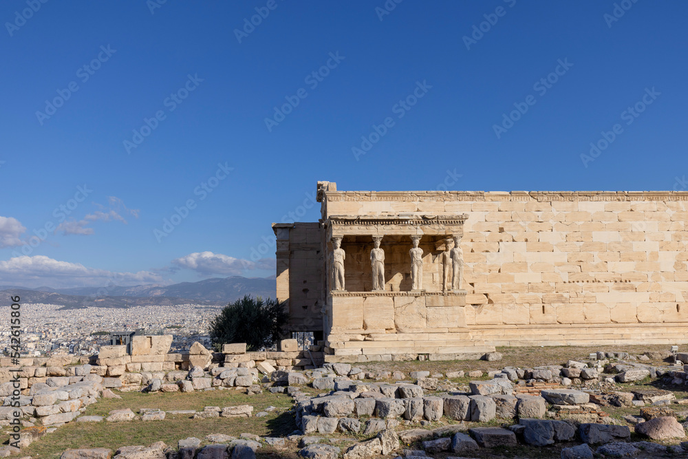 Erechtheion, Temple of Athena Polias on Acropolis of Athens, Greece. View of The Porch of the Maidens with statues of caryatids
