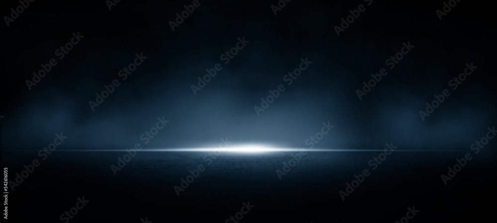 Dark street, dark background asphalt, empty dark scene, neon lights, spotlights, concrete floor and studio room with smoke rising in trade show surface, night view  for background with copy space