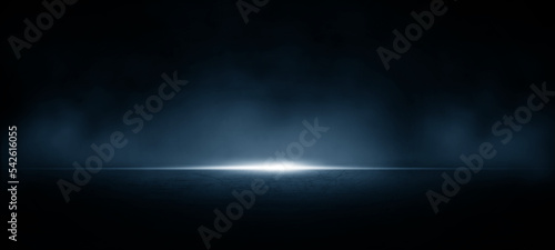 Dark street, dark background asphalt, empty dark scene, neon lights, spotlights, concrete floor and studio room with smoke rising in trade show surface, night view for background with copy space