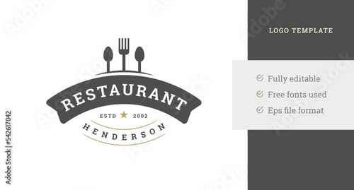 Minimalist fork spoon cutlery with ribbon premium restaurant vintage logo design template vector