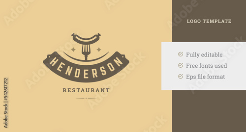 Fresh appetizing grill sausage on fork barbecue restaurant vintage logo design template vector