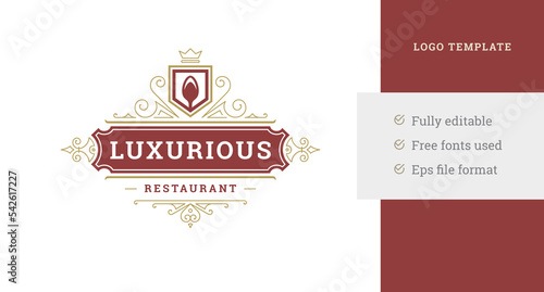Luxury expensive restaurant curly ornament vintage logo design template shield royal spoon vector