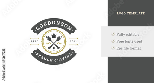 Crossed spoon wine goblet royal kitchen food gourmet restaurant vintage logo design template vector