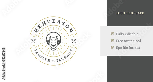 Italian male restaurant chef portrait circle sun beam vintage logo design template vector