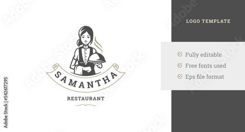 Friendly woman waitress hot dish on covered serving plate vintage logo design template vector