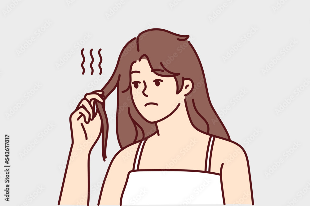 Unhappy young woman distressed with thin breakable hair. Upset girl frustrated with hair loss and breakage having split ends. Haircare and beauty. Vector illustration. Unhappy young woman distressed with thin breakable hair. Upset girl frustrated with hair loss and breakage having split ends. Haircare and beauty. Vector illustration.