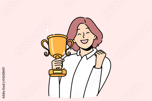 Overjoyed young woman with gold trophy in hands celebrate win or victory. Smiling businesswoman with golden prize excited with personal achievement or success. Vector illustration. 