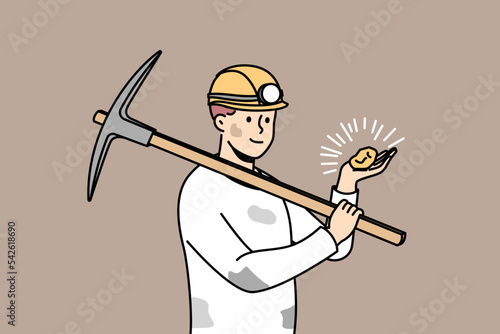 Dirty male miner in helmet holding jewel in hands. Man working in mine searching for precious stones. Occupation. Vector illustration. 