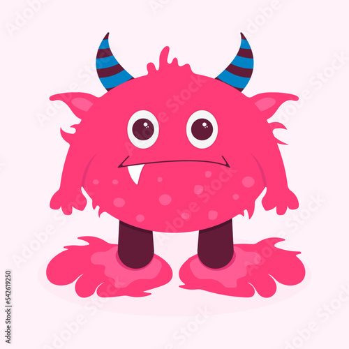 Flat illustration with pink monster with horns, one tooth and big eyes. The illustration can be used like charakter for childish print