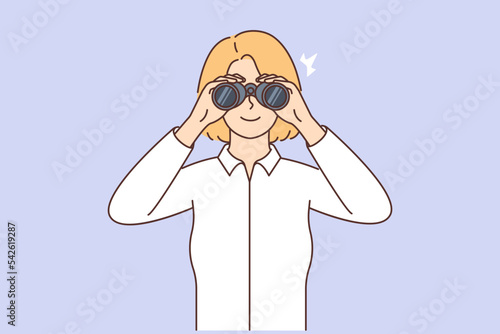 Smiling woman look in binoculars explore new opportunities 
