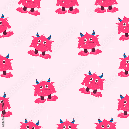 Seamless pattern with pink monster with horns, one tooth and big eyes. The illustration can be used like charakter for childish print
