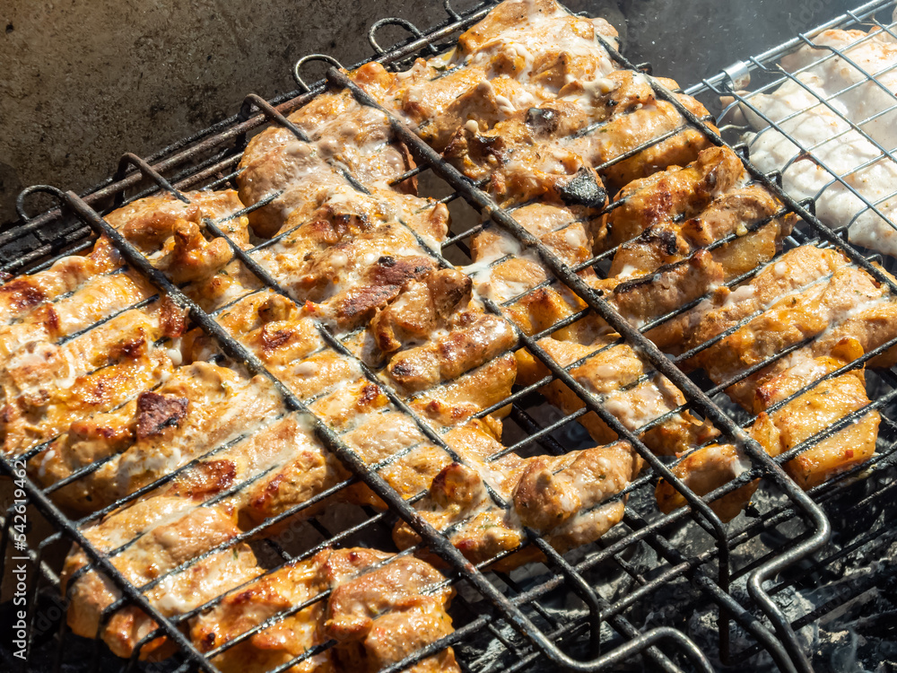 Macro of meat on metal skewers - juicy chicken grilling on fire, coals and smoke in grill. Macro of herbed and seasoned cubes of meat