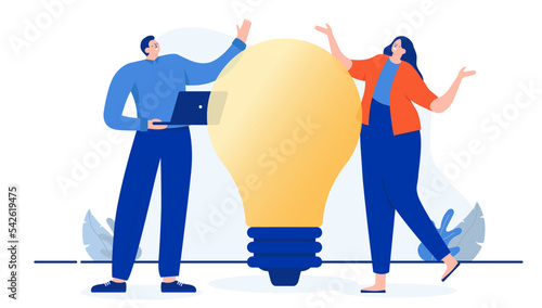 Presenting idea work - Man and woman in office working on new ideas together with big light bulb. Flat design cartoon vector illustration with white background