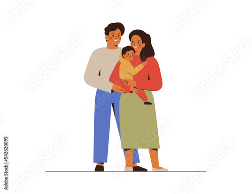 Young couple with child embrace together. Woman and man hold their baby boy with love and care. Family and childhood concept. vector illustration.