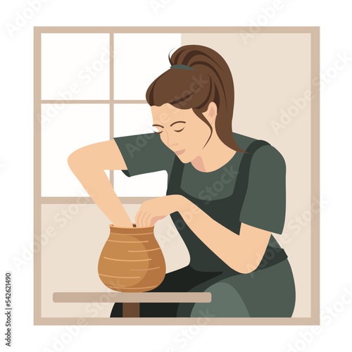 A woman makes a jug on a potter's wheel. Craft, hobby, master class. Pottery workshop poster