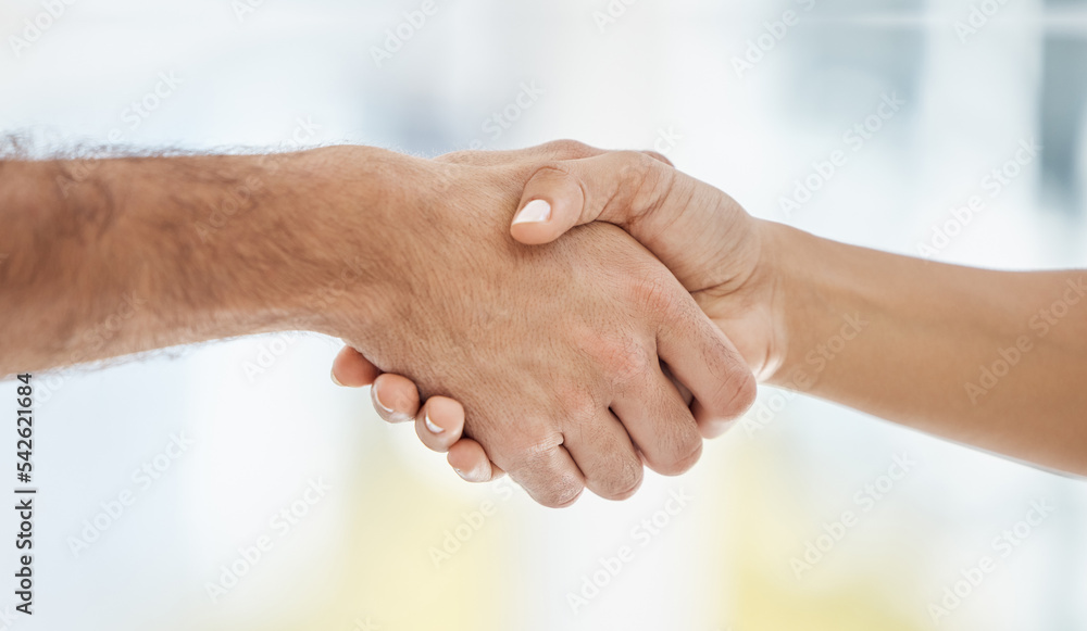Businessman, woman and handshake in teamwork collaboration, b2b partnership or sales deal success in office. Zoom, workers or employees in thank you, welcome or company agreement gesture for support Businessman, woman and handshake in teamwork collaboration, b2b partnership or sales deal success in office. Zoom, workers or employees in thank you, welcome or company agreement gesture for support