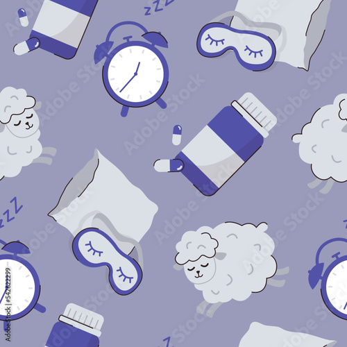 Seamless pattern with items for better sleep. Sleeping pills, alarm clock, pillow, and face mask. Relaxation, sleeping concepts. Trendy vector flat illustrations.