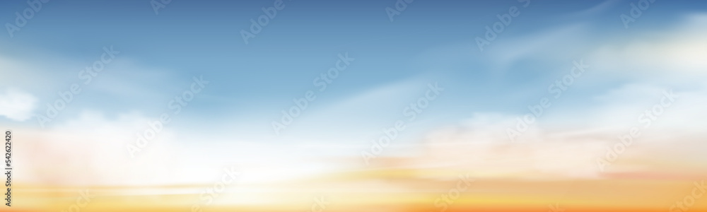 Obraz premium Morning sky, Spring Sunst sky scape in blue and yellow colour,Vector of nature sky in sunny day Summer, Horizon Natural banner background for World environment day, Save the earth or Earth day