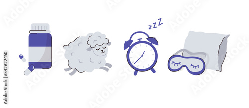 Set of items for better sleep. Sleeping pills, alarm clock, pillow, and face mask. Relaxation, sleeping concepts. Trendy vector flat illustrations icons.