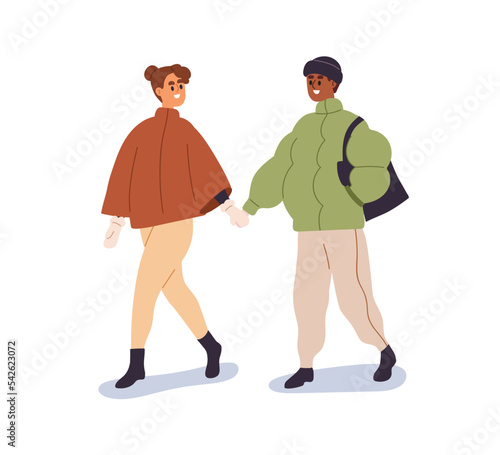 Happy love couple walking outdoors in winter. Man and woman strolling in street, holding hands. Romantic people on date in cold weather. Flat graphic vector illustration isolated on white background