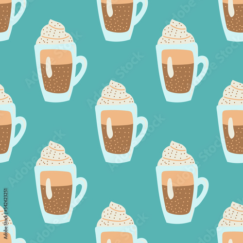 Hot drink seamless pattern. Christmas collection. Flat vector illustration of a unicorn heart