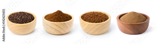Fotografie Roasted coffee beans and coffee powder (ground coffe) in wooden bowl isolated on white background
