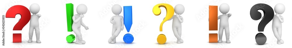 Colored question marks exclamation marks 3d red green blue black yellow orange with asking thinking stickfigure men