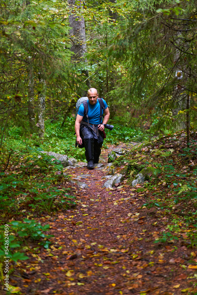 Photographer with heavy backpack and camera in the forest