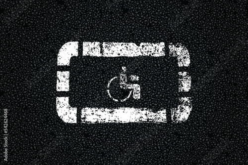 White signs handicapped spot on tarmac road top view. Disabled parking area. Urban traffic mark vector illustration. Background with old paint texture on asphalt surface.