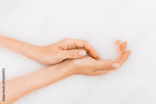 Beautiful woman's nails with manicure close-up. Top view of female hands in a milk bath. Beautiful female hands. Hand care. Beauty treatment with skin of hands