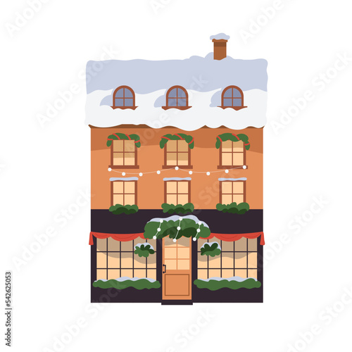 Winter building decorated with Christmas decoration. Classic Europe town hous...