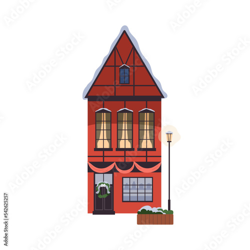 Building facade with Christmas decoration. House front view, exterior decorat...