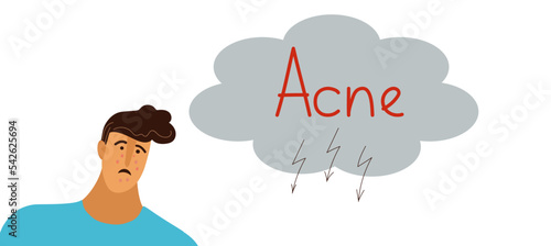 Young man or boy with acne, pimples, blackheads. Skin Teenager conditions concept. Flat doodle cartoon vector illustration for banner 