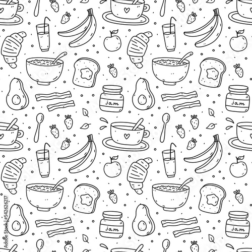 Cute seamless pattern with breakfast food - oatmeal, toast, jam, coffee, croissant, avocado, bacon, fruits. Vector hand-drawn illustration in doodle style. Perfect for print, wrapping paper, wallpaper
