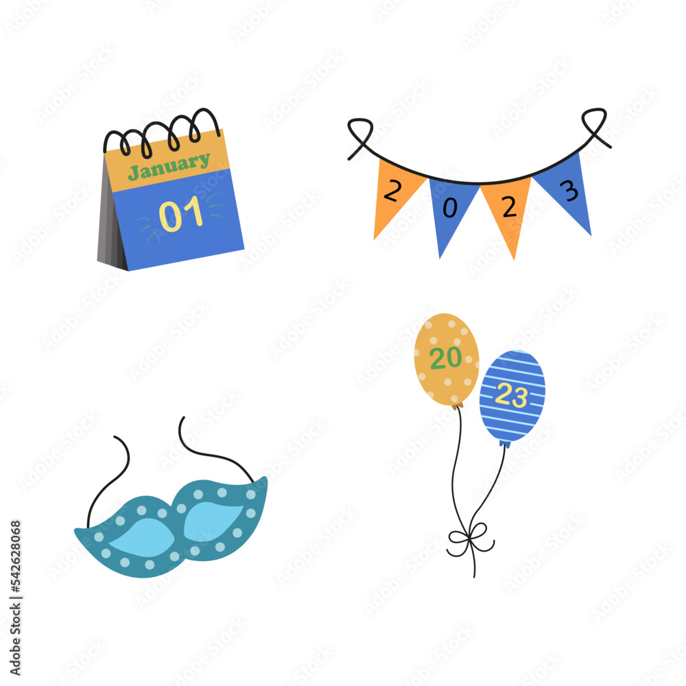New year elements collection set of traditional decorations, such as calendars, balloons, cakes, fireworks for vector element design
