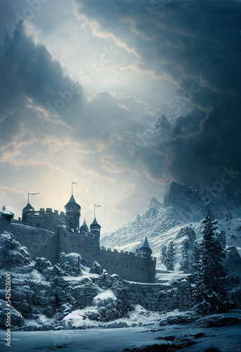 Mittelalter Burg auf einem Berg in schneebedeckter Winter Szene