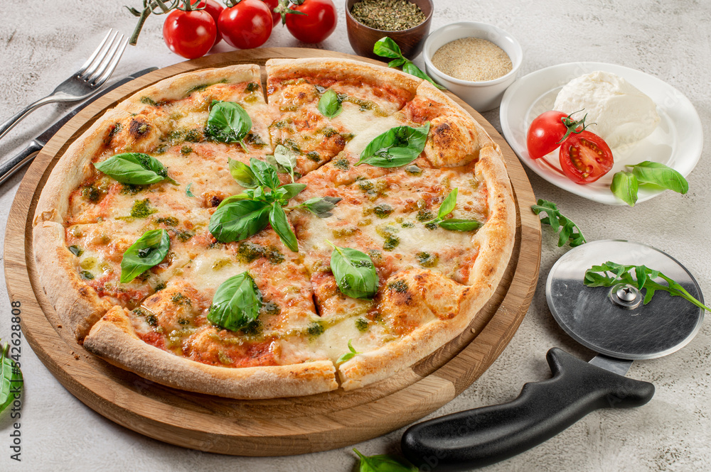 Fresh hot cheese pizza on the concrete background Fresh hot cheese pizza on the concrete background