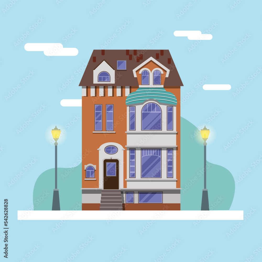 Building with flat design. daylight abstract city. House with lanterns, city and nature in the background.