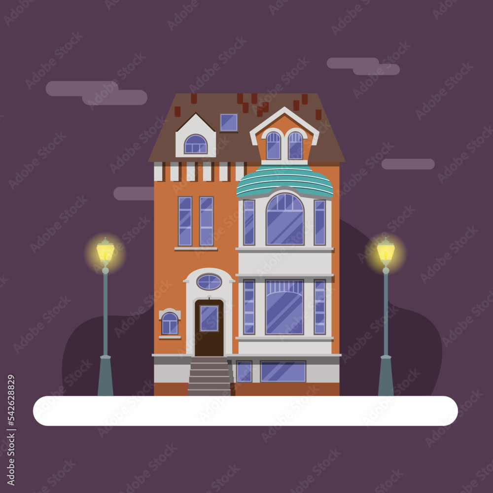 Buildings with flat design. Night view of the abstract city. House with street lamp, city and nature in the background.