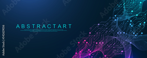Quantum computer technologies concept. Futuristic blue circuit board background vector. Modern technology circuit board texture background design. Waves flow. Quantum explosion technology.