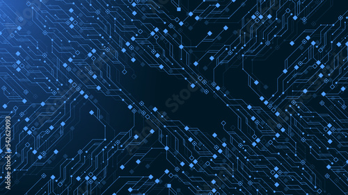 Quantum computer technologies concept. Futuristic blue circuit board background vector. Modern technology circuit board texture background design. Waves flow. Quantum explosion technology.