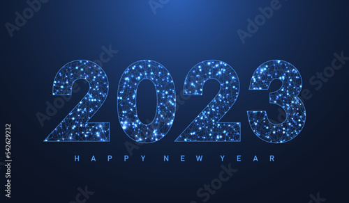 Modern futuristic template banner or cover for Merry Christmas and Happy New Year 2023 with connected lines and dots. Plexus geometric effect. Global network connection. Vector illustration.