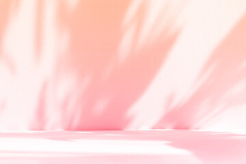 Abstract pink studio background for product presentation. Empty room with shadows of window and flowers and palm leaves . 3d room with copy space. Summer concert. Blurred backdrop.