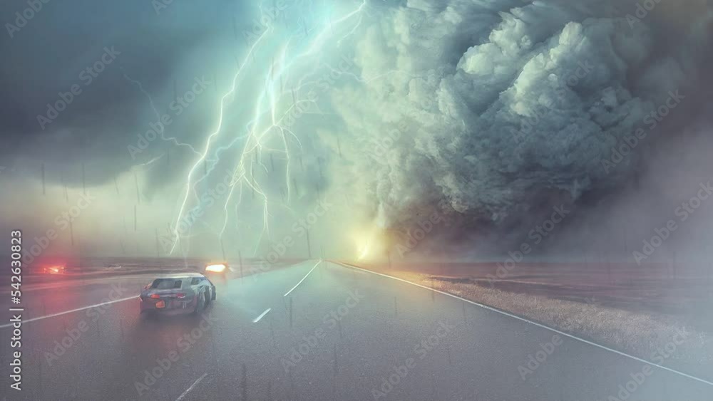 A Hurricane Tornado Or Typhoon Rages Down A City Street Destroying