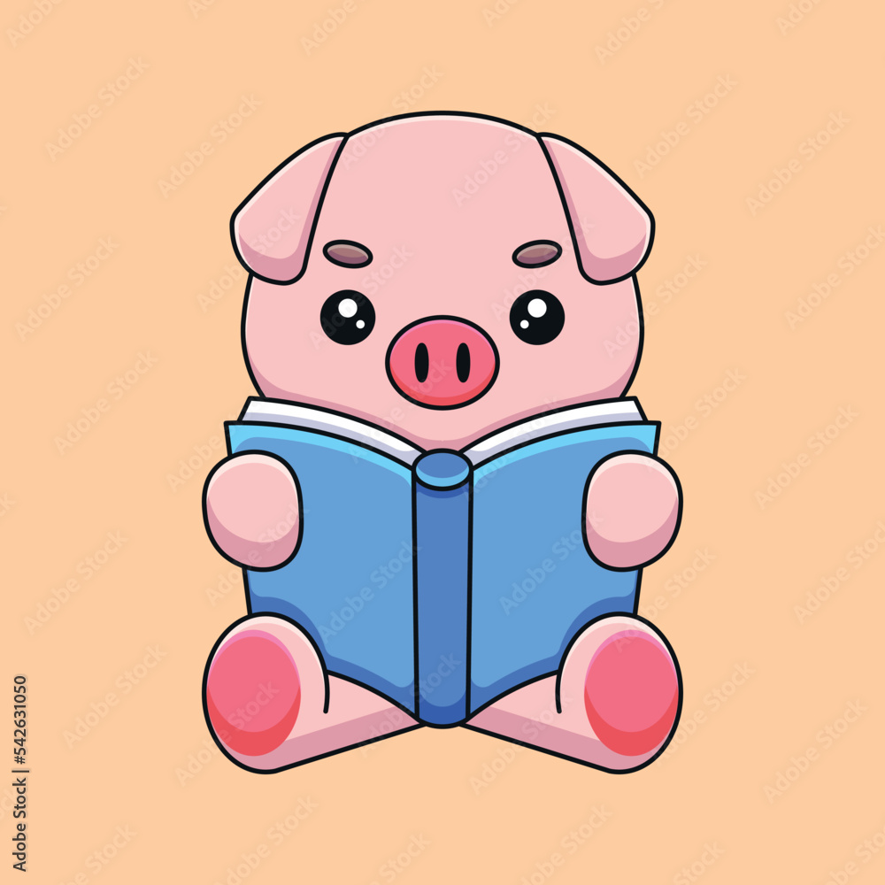 cute pig reading book cartoon mascot doodle art hand drawn concept