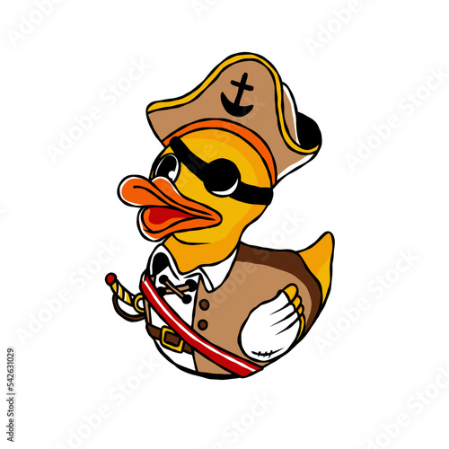 Illustration of adorable yellow toy duck in pirate costume