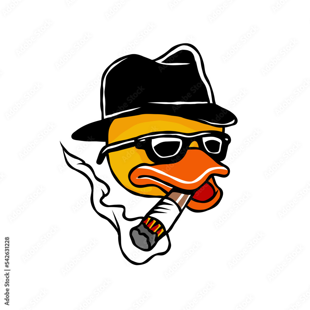 Illustration of adorable yellow toy duck smoking